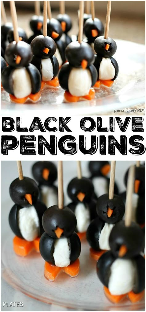 Simple Olive Penguins made with black olives, mozzarella balls, and carrots, are adorable and make a fun appetizer! | Persnickety Plates Penguin Olive Appetizer, Olive And Mozzarella Penguins, Black Olive Penguins, Penguin Appetizers Olives, Olive Balls Appetizers, Black And White Appetizers, Penguin Food Ideas, Easy Christmas Starters, Mozzarella Penguins