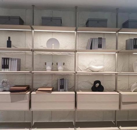 Modular illuminated shelving unit wrapped in leather. Something new we might be adding to collection. DM for details. Floating Wall Unit, Wall Shelving Systems, Lounge Chair Bedroom, Wall Shelf Unit, Wall Shelving Units, Wall Shelving, Bedroom Cabinets, Designer Wall, Floor To Ceiling