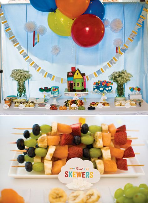 Up Themed Birthday Party Pixar Food, Baby Food For 1 Year, Balloon Smash Cake, Up Themed Birthday Party, Rainbow Fruit Skewers, Rainbow Fruit, 1st Birthday Themes, House Cake, Party Hostess