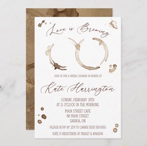 Love is Brewing! Bridal Shower invitation, 5x7 printable, watercolor, coffee, coffee stains, brown, white, watercolor, modern, minimalist Bridal Shower Favors Coffee Theme, Coffee Wedding Invitations, The Perfect Blend Bridal Shower Ideas, Love Is Brewing Engagement Party, Coffee Themed Bridal Shower Ideas, Love Is Brewing Bridal Shower Ideas, Coffee Bridal Shower, 2026 Wedding, Bridal Shower Themes