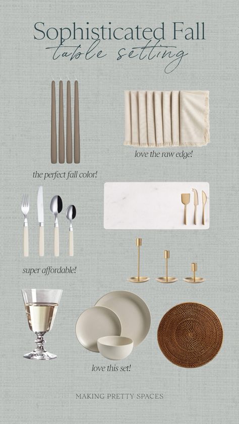 Sophisticated fall table setting, taper candles, candle holder, raw edge, fabric napkins, marble cheeseboard, utensils, flatware, wine glasses, gold accents, dish set, rattan placemat, fall home, entertaining, hosting Follow my shop @makingprettyspaces on the @shop.LTK app to shop this post and get my exclusive app-only content! #liketkit #LTKSeasonal #LTKstyletip #LTKhome @shop.ltk https://liketk.it/4iHKj Gold Silverware Table Setting Home, Gold Flatware Table Setting, Gold Placemats Table Setting, Modern Table Setting Everyday, Gold Utensils, Gold Placemats, Table Settings Everyday, Silverware Holder, Dining Etiquette