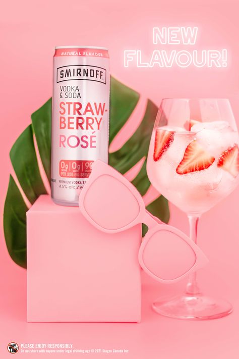 New flavour alert: Smirnoff Vodka & Soda Strawberry Rosé is now available in Canada. Yes way rosé! Soda Can Photography, Soda Commercial, Vodka Flavors, Strawberry Photography, French Coffee Shop, Monkey Craft, Rose Drink, Vodka Ice, Natural Energy Drinks