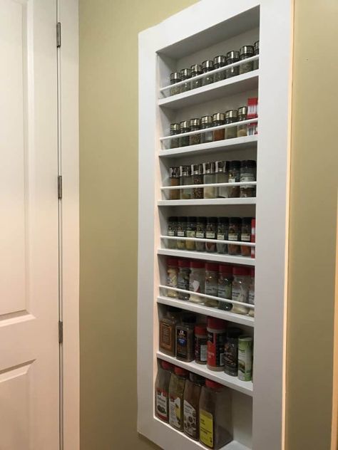 If you’re tired of trying cheap solutions that don’t work in the long run, maybe you’re ready to take on a DIY Built-in Spice Rack. Check out this simple built in that can be easily built over a weekend. | Organization |#DIY | #spicerack | #organization | #ourhappyhive Wall Spice Rack, Diy Built In, Diy Spice Rack, Wall Mounted Spice Rack, Pantry Remodel, Kitchen Spice Racks, Spice Shelf, Diy Spices, Pantry Wall