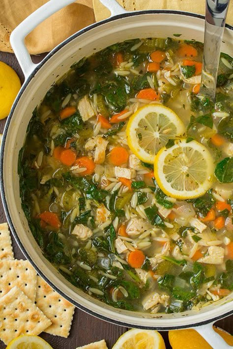 Lemon Chicken Orzo Soup - Cooking Classy Chicken And Spinach Orzo, Spinach Orzo Soup, Chicken And Spinach Soup, Basil Orzo, Healthy Detox Soup, Pasta Parmesan, Spinach Orzo, Orzo Soup Recipes, Spinach Soup Recipe