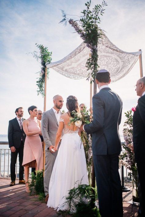 Elegant Industrial Brooklyn Wedding at The Liberty Warehouse Huppah Wedding, Modern Ketubah, Tiny Cottages, Ceremony Altar, Wedding Chuppah, Jewish Wedding Ceremony, Jewish Weddings, Poofy Dress, Telluride Wedding