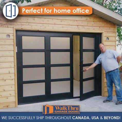 If you have empty space in your garage, why not maximize your space and creativity and consider turning it into a home office? ;)  We provide a new access point for home offices! Our WalkThru Garage Doors are both elegant and functional for any type of business.  We successfully ship throughout Canada, USA & beyond! Design your own door online and request a FREE quote by visiting our website Garage Door Colors, Single Garage Door, Modern Garage Doors, Garage Floor Paint, Garage Door Types, Converted Garage, Garage Renovation, Glass Garage Door, Residential Garage