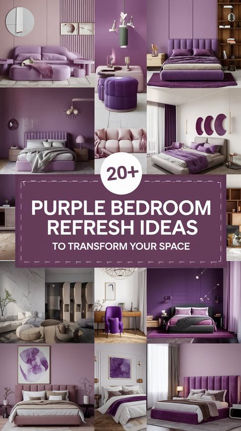 Ready to make your bedroom feel more luxurious? These 20+ purple bedroom refresh ideas will help you create a chic, serene environment. Save this pin for quick inspiration whenever you're ready for a makeover. Bedroom Inspirations Lilac, Bedding For Purple Walls, Violet Bedroom Ideas, Purple Painted Room, Lavendar Bedroom Aesthetic, Purple Color Palette Bedroom, Gray And Purple Bedroom Ideas, Purple Walls Bedroom Ideas, Purple Aesthetic Room Ideas