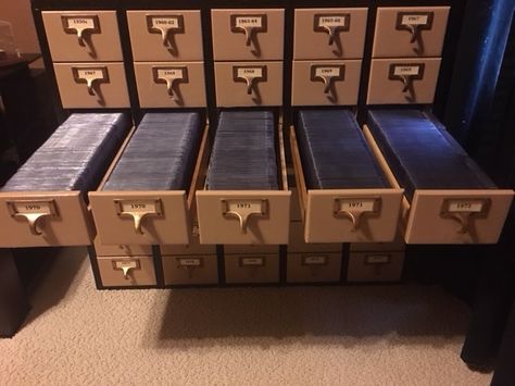 My storage solution for vintage baseball cards.  A refurbished Library Card Catalog.  Each drawer holds about 350 cards in Semi-Rigid card holders. Trading Card Storage Diy, Collector Card Display Ideas, Index Card Storage, Trading Card Organization, Trading Card Storage Ideas, Baseball Card Storage Ideas, Card Collection Display, Pokemon Card Storage, Mtg Storage