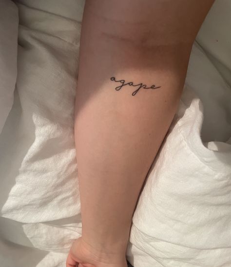 Fine Line Tattoo Above Knee, Agape Tattoo For Women, Tiny Christian Tattoos For Women, Dainty Tattoos Christian, Minimalist Tattoo Christian, Izzy Tattoo, Tiny Bible Tattoos, Dainty Christian Tattoos, Dainty Tattoos For Women