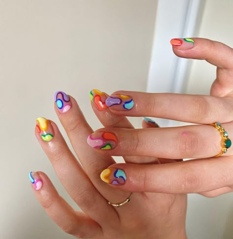 Colourful Gel Nails Summer, Colourful Spring Nails, Summer Multicolor Nails, Multi Pattern Nails, Nail Inspiration Multicolor, Bright Happy Nails, Unique Colorful Nails, Funky Short Nail Art, Colorful Mismatched Nails