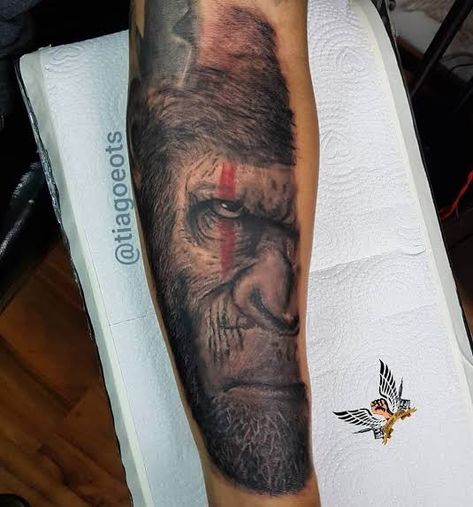 Ceaser Tattoo Monkey, Ceaser Ape Tattoo, Cesar Planet Of The Apes Tattoo, Caesar Tattoo Ape, Caesar Planet Of The Apes Tattoo, Ape Shall Not Kill Ape Tattoo, Gorilla Eyes Tattoo, Ape Tattoos For Men, Realistic Tattoo Sleeve Men