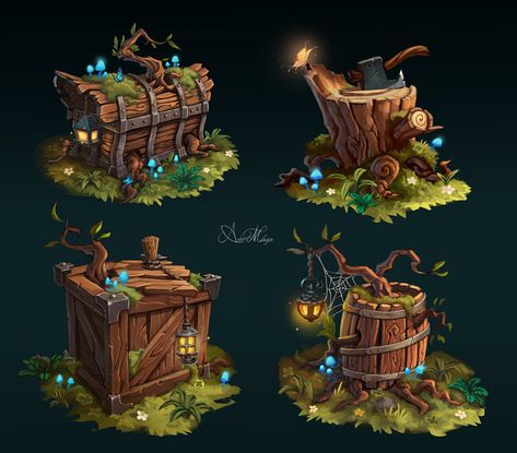 ArtStation - Enchanted Props Mossy Forest, Props Concept, 2d Game Art, Props Art, Fantasy Props, Game Props, Low Poly Art, Game Illustration, Game Concept Art