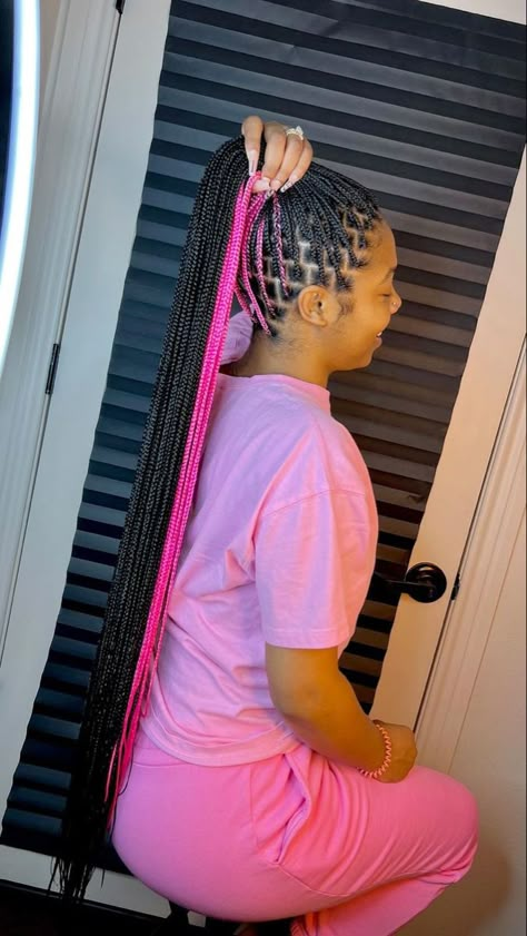 Pink Nd Black Braids, Braided French Braids Black Hair, Pink Pikaboo Braids, Pink Peekaboo Highlights Braids, Pink And Black Peakaboo Braids, Skunk Patch Braids, Peak A Boo Braids Pink, Braids With Two Colors, Pink Peekaboo Hair Braids