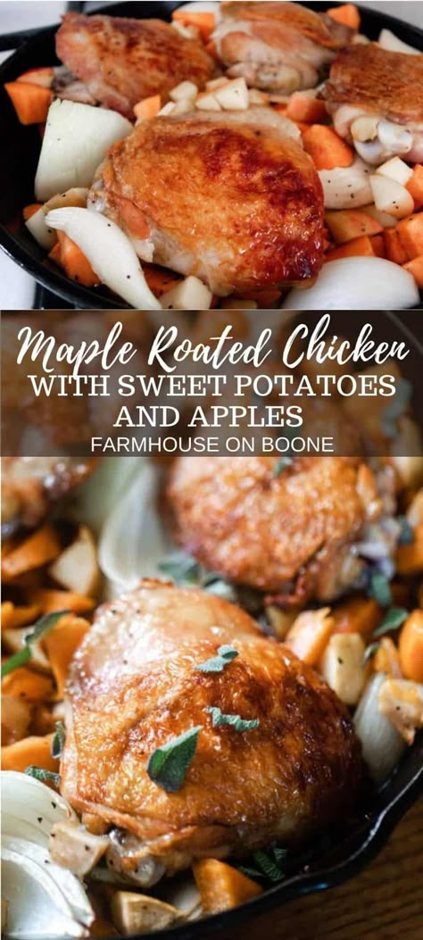 Maple Roasted Chicken, Sweet Potatoes And Apples, Chicken With Sweet Potatoes, Potatoes And Apples, Maple Chicken, Fall Dinners, Seared Chicken, Sweet Potato And Apple, Fall Recipes Healthy