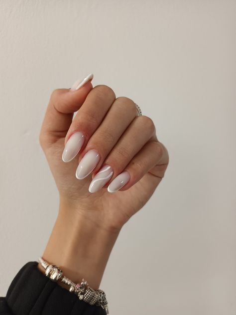 Summer Nails 2023 Color Trends Almond, Milky White Nails With Design Almond, Summer Nail Ideas White, Cute Swirl Nails, Unique Bridal Nails, Matte Summer Nails, Dubai Nails, Grad Nails, Acrylic Nails Almond Shape