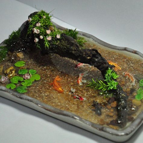 Clay Koi Pond, Clay Pond, Miniature Koi Pond, Polymer Clay Fish, Mini Verse, Cow House, Clay Fish, Mini Stuff, Pond Landscaping