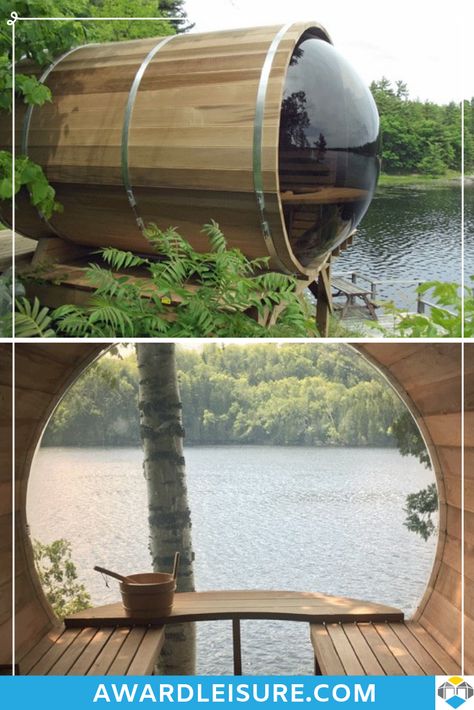 Enjoy endless views from the comfort of your private sauna haven with our Outdoor Cedar Barrel Sauna complete with panoramic dome window. Pin for later and click through to see the range of sizes and upgrade options available online now. #sauna #barrel #views #garden #relax Dome Window, Sauna Barrel, Cedar Sauna, Barrel House, Mobile Sauna, Log Cabin Ideas, Cabin In The Mountains, Barrel Sauna, Cool Tree Houses