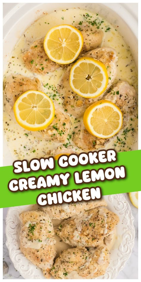 Tender chicken in delicious lemony garlicky creamy sauce all done in the slow cooker. An easy weeknight dinner served over pasta or rice. Crock Pot Creamy Lemon Chicken, Lemon Crockpot Recipes, Slow Cooker Lemon Chicken Recipes, Delish Slow Cooker Creamy Lemon Herb Chicken, Slow Cooker Lemon Herb Chicken, Creamy Chicken In The Crockpot, Lemon Butter Chicken Crockpot, Crockpot Chicken Recipes No Dairy, Lemon Chicken Pasta Crockpot