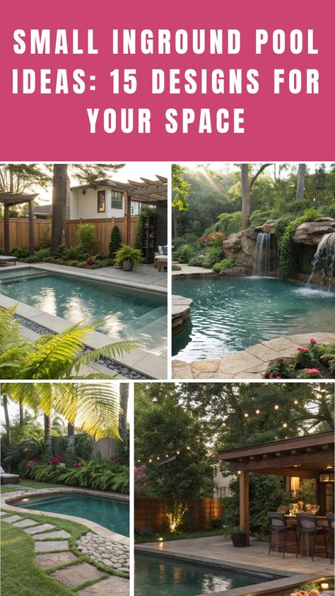 Small inground pools with landscaping and cozy outdoor dining area. Pea Gravel Landscaping, Gravel Landscaping Ideas, Small Inground Pool Ideas, Small Inground Pool, Inground Pool Designs, Inground Pool Ideas, Water Fountain Design, Gravel Landscaping, Tanning Ledges