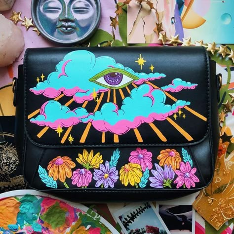 Rosie Moon 🌙 on Instagram: "🧿 The Alexandra Purse 🌸 Hand-painted on vegan leather. #paintedpurse #handbag #trippy #handpainted #thriftflip Painted Leather Purse, Hand Painted Leather Bag, Painted Leather Bag, Hand Painted Purses, Painted Handbag, Painted Purse, Paper Quilling Jewelry, Decorated Bags, Lesson Learned