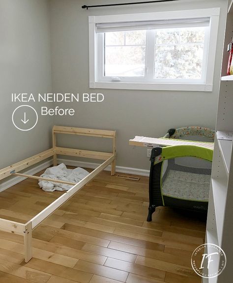 Ikea Neiden Pine Twin Bed For Kids Room Makeover Before Grandkids Guest Room Ideas, Ikea Twin Beds Shared Room, Bedroom For Grandkids, Neiden Bed Frame Hack Kids, Kids Guest Room, Ikea Neiden Bed, Neiden Bed Frame, Neiden Bed, 2 Kids 1 Room Small Spaces