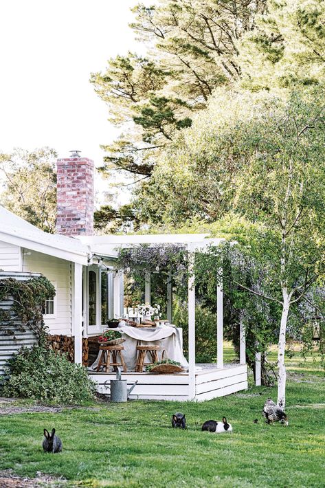 A restored heritage cottage in Dry Diggings, VIC Australian Cottage, Porch Goals, White French Doors, Country Style Magazine, Home Exteriors, Stone Chimney, Front Gardens, Side Deck, Cottage Style Homes