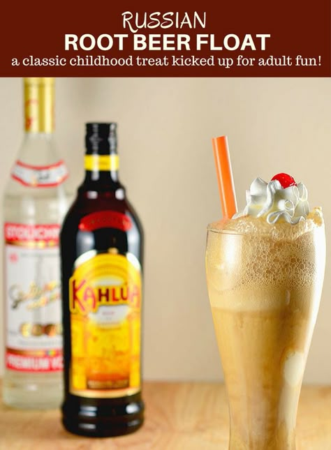 Russian Root Beer Float with Kahlua, Vodka, ice cream, and root beer is a grown-up twist on a classic fountain drink. It's rich, creamy and perfect for anytime you need a little fun in your life! #cocktail #rootbeer #vodka #kahlua Pickle Vodka, Vodka Ice, Classic Fountain, Float Recipes, Fountain Drink, Beer Float, Root Beer Float, Alcohol Recipes, Non Alcoholic Drinks