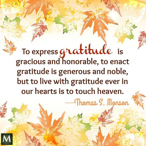 "To express gratitude is gracious and honorable, to enact gratitude is generous and noble, but to live with gratitude ever in our hearts is to touch heaven." — Thomas S. Monson | Meridian Magazine - LDSmag.com Thomas S Monson, Glad Tidings, Express Gratitude, Gratitude Quotes, To Touch, Expressing Gratitude, The Covenant, Gratitude, Me Quotes