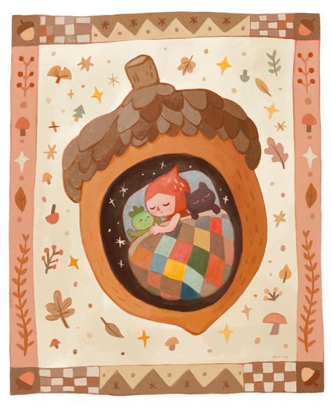 This is the feeling of autumn: finding a safe and warm little corner to curl up in. #autumnvibes #autumnvibes🍁 #auntumncolours #autumncolors #autumnillustration #painting #fallvibes #autumnleaves #drawing #auntumndrawing #acorn #nook Autumn Plants Illustration, Acorn House Illustration, Cute Nature Illustration, Pie Art Drawing, Goblincore Drawing, Acorns Drawing, Ghibli Autumn, August Drawings, Autumn Illustration Art