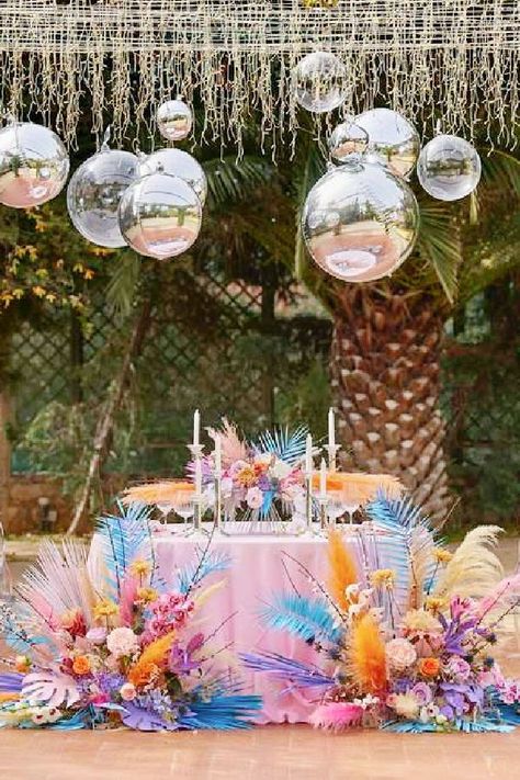 Fall in love with this impressive iridescent dream wedding! WOW! The decor is so impressive! See more party ideas and share yours at CatchMyParty.com Colorful Sweetheart Table, Iridescent Wedding, Galaxy Wedding, Funky Wedding, Beverage Bar, Sweetheart Table Wedding, Rustic Party, Silver Balloon, Modern Wedding Inspiration