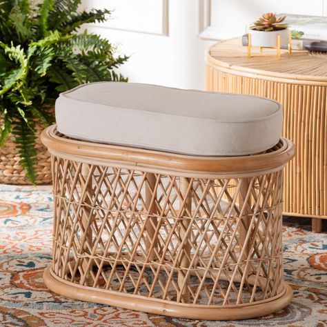 Ladonna Bohemian Natural Rattan Ottoman Footstool - Bed Bath & Beyond - 40133374 Bohemian Ottoman, Lanterns Fireplace, Rattan Ottoman, Tv Tray Table, Painting Candle Holders, Kids Living Rooms, Outdoor Bar Furniture, Bedroom Sideboard, Lighted Vanity Mirror