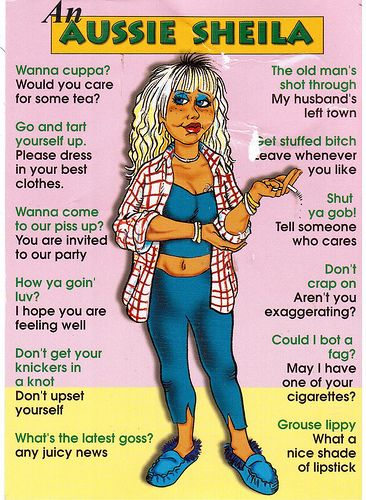 Aussie Sheila - Card featuring Australian phrases which are very different from anything we have in the United States. Sent by Postcrosser in Australia to thank me for a card I sent her. Australia Slang, Slang Quotes, 70s Quotes, Aussie Memes, Australian Memes, Australian Slang, Australian Accent, Australian English, Australia Funny