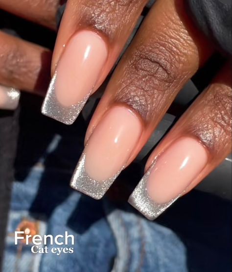 Silver Cat Eye French Nails, French Manicure Cat Eye Nails, Cat Eye French Tip Nails Coffin, Magnetic Acrylic Nails, Magnetic Nail Polish French Tip, White Cat Eye French Tip Nails, Cats Eye French Nails, Irredescent Nails French Tip, Cat Eye French Tip Nails Square