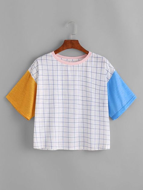 Shop Grid Print Color Block Cut And Sew T-shirt online. SheIn offers Grid Print Color Block Cut And Sew T-shirt & more to fit your fashionable needs. Color Block Shirts, Color Block Tee, 90s Fashion Outfits, Fashion Kids, Kawaii Clothes, Girls Fashion Clothes, Harajuku Fashion, Inspiration Mode, Style Retro