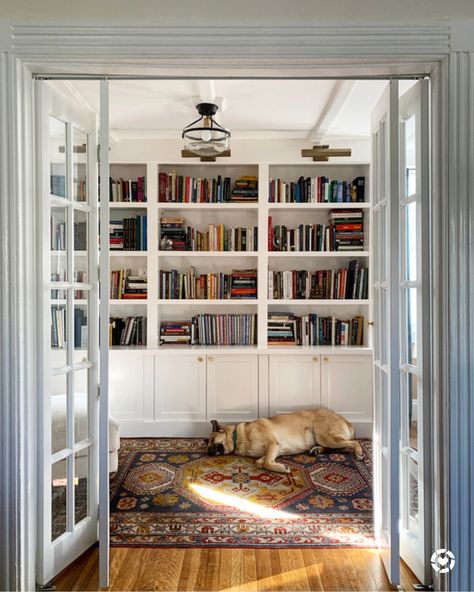 Built In Shelves Sunroom, French Door Library, European Home Library, Small Sunroom Library, Small Library And Office Room, Home Library Table, Home Library Glass Doors, Small Library Sitting Room, Cozy Small Library Room