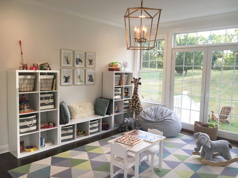 playroom. toddler room. baby animals. blue gray white gold. ikea kallax toy storage. land of nod. world market. Shelves Layout, Playroom Layout, Toys Room, Ikea Playroom, Kura Bed, Basement Playroom, Boys Playroom, Toddler Playroom, Toy Room