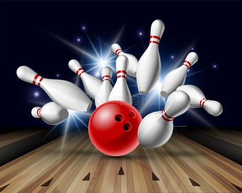 Red Bowling Ball crashing into the pins on bowling alley line. Illustration of bowling strike. Vector Template for poster of Sport competition or Tournament royalty free illustration Bowling Tournament, Bowling Games, Sign Board Design, Bowling Shoes, Bowling Balls, Thomas Birthday, Bowling Alley, Sunflower Photo, Bowling Pins