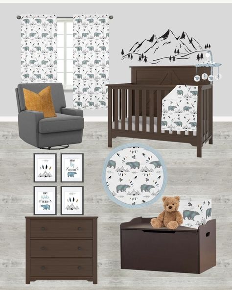 The cutest mountain nursery ideas! I love the Bear Mountain nursery decor collection from Wayfair.⁣ ⁣ Comment LINK and I'll send you the link to shop the look! Dark Brown Crib, Brown Crib, Nursery Idea, Toy Chests, Nursery Room Furniture, Mountain Nursery, Nursing Chair, Baby Layette, Bear Mountain