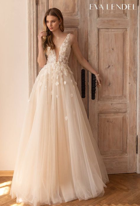 Eva Lendel 2022 Wedding Dresses | Wedding Inspirasi -- eva lendel 2022 bridal sleeveless with strap deep v neck heavily embellished bodice romantic blush a line wedding dress v back sweep train (solomia) mv #Ad #Bridal #EvaLendel #Wedding #Weddingdress #WeddingDresses #WeddingGown #WeddingGowns ~ Eva Lendel, Minimalist Bride, Boho Bridal Gowns, Lace Bride, Illusion Tulle, Wedding Dress Fabrics, Princess Wedding Dress, Small Beads, Illusion Dress