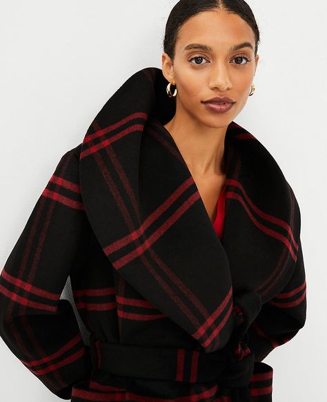 Petite Plaid Wool Blend Shawl Collar Wrap Coat Plaid Shawl, Knitted Suit, Wrap Coat, Classic Style Women, Wool Shawl, Wrap Sweater, Wool Plaid, Shawl Collar, Red Plaid