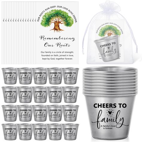 PRICES MAY VARY. Package Include: You'll receive 40 pcs family reunion party wine cup, 40 pcs gift cards, and 40 pcs organza bags. Party gift sets in bulk, which can meet your gifting needs Family Tree Party Theme: The family tree shot glass gift set is printed with warm words such as "Cheers to family". It is exquisite and unique. Can help you maintain a good family relationship Ideal Size: The size of the small wine glass for family reunion celebration is 1.5oz/45ml, 49×32×42mm. The size of th Reunion Gifts Favors, Family Reunion Gift Bag Ideas, Shot Glass Gift, Family Reunion Gifts, Reunion Gift, Reunion Party, Reunion Ideas, Families Are Forever, Baby Words