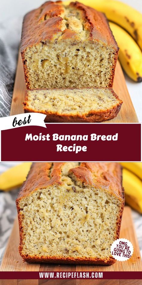 Looking for the perfect way to use those overripe bananas? This Moist Banana Bread Recipe will satisfy your cravings and elevate your baking skills! Enjoy the deliciousness and save this recipe for a cozy weekend treat or a thoughtful gift for friends and family. Banana Bread Recipe Mayonnaise, Bababa Bread Recipes, Bulk Banana Bread Recipe, Gourmet Banana Bread Recipe, Grandma Banana Bread Recipe, Ripe Banana Bread Recipes, Banana Bread Recipe 1 Banana, Banana Bread Recipe 2 Loaves, Most Moist Banana Bread