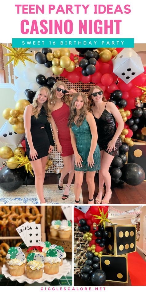 Casino Night Party for Teens Casino Birthday Party Games, Casino Theme Party Food Snacks, 18th Birthday Casino Party, Casino Theme Party Sweet 16, Sweet 16 Casino Theme, Casino Bday Party Ideas, Casino Sweet 16, Casino Night At Home, Casino Night Party Games