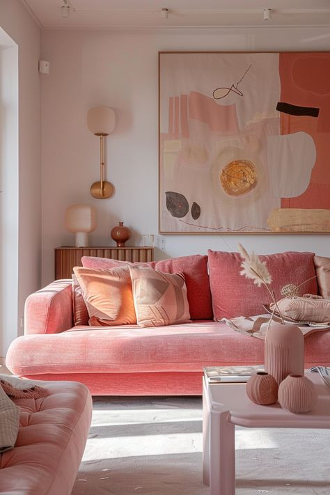 Winter/Spring Midjourney Dump — Living Bright Interiors Neutral But Colorful Living Room, Pink Boho Living Room Decor, Pink And Orange Living Room, Small Lounge Ideas, Pink Couch Living Room, Pink Interior Design, Colorful Living Room Bright, Cool Interior Design, Pink Living Room Decor