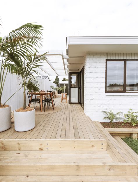 An epic mother-daughter team totally transform a 70s brick home Transform Brick Exterior, 70s House Outside, 70s Building Design, 80’s House Exterior, White Brick Exterior House, Brick Midcentury Exterior, 70s House Renovation, Brick Beach House, 70s Houses Architecture Exterior