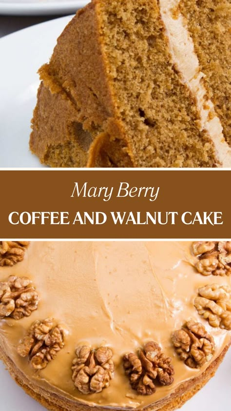 Mary Berry Coffee And Walnut Cake Coffee And Walnut Cake Recipe Mary Berry, Mary Berry Coffee And Walnut Cake, Walnut And Coffee Cake, Mary Berry Cake Recipes, Walnut Desserts, Mary Berry Recipes Baking, Mary Berry Cakes, Coffee Walnut Cake, Walnut Cake Recipe