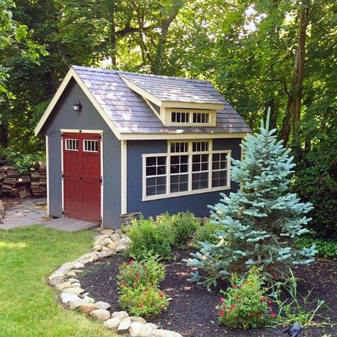 Backyard Shed Ideas, Shed Landscaping Ideas, Cabin Landscaping, Shed Landscaping, Massage Office, Backyard Getaway, Farmhouse Garage, Backyard Storage Sheds, Shed Ideas