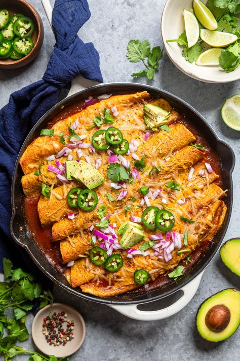 One Skillet Vegan Black Bean and Sweet Potato Enchiladas Bbq Rice, Sweet Potato Enchiladas, Skillet Enchiladas, Potato Enchiladas, Black Bean And Sweet Potato, Bean And Sweet Potato, Korean Vegan, Vegan Nachos Cheese, Vegan Enchiladas