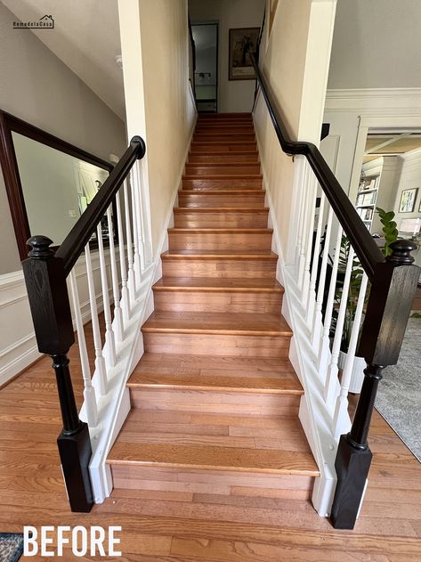 Staircase Makeover - The Before Banisters And Railings Makeover Wood, Stairway Banister Makeover, Banister Renovation, Red Oak Stairs, Red Oak Staircase, Remove Staircase Wall, Staining Stairs Diy Staircase Makeover, Oak Banister Makeover, Colonial Staircase Ideas