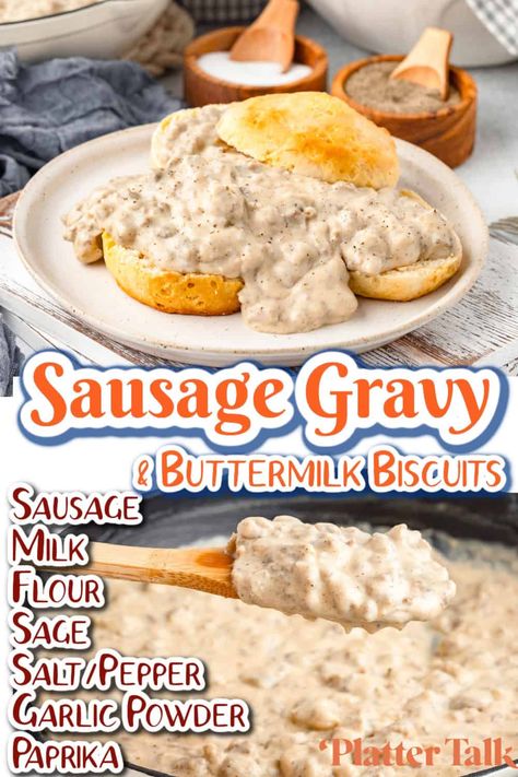 Sausage Gravy and Buttermilk Biscuits features a rich, creamy sausage gravy perfectly paired with fluffy, homemade buttermilk biscuits. It's a beloved breakfast classic that's sure to start your day off right. Easy Breakfast Gravy, Breakfast Gravy Recipe Easy, Southern Breakfast Recipes, Breakfast Gravy Recipe, Best Sausage Gravy, Gravy Recipe Easy, White Sausage Gravy, Easy Sausage Gravy, Gravy Homemade